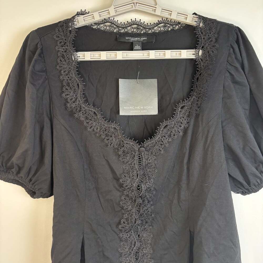 Marc New York NEW lace detail v-neck button up women L stretch black short slv